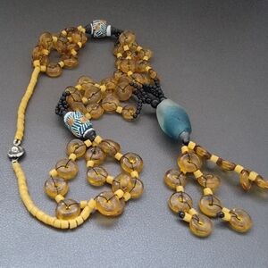 Vintage Trade Bead Necklace Honey Amber Glass Fringe Tribal Statement Bib